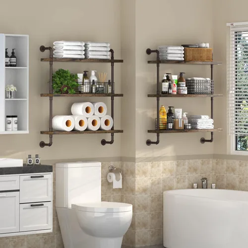 Miniatura 9 de Helsin - Estantes flotantes de tubería industrial de 2 niveles para baño, estante de madera rústica de 16 pulgadas montado en la pared, estante