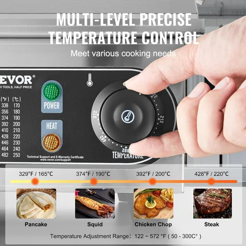 Miniatura 4 de VEVOR Plancha Eléctrica Comercial, Parrilla Plana de Encimera de 2800W, Temperatura Ajustable de 122℉-572℉, Parrilla de Acero Inoxidable de 29