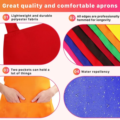Miniatura 3 de Paquete de 8 delantales lisos a granel, delantales de colores mixtos con 2 bolsillos delanteros, delantales en blanco lavables para cocina, cocina