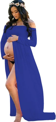 YnimioAOX Vestido de maternidad para mujer con hombros descubiertos de manga larga para fotografía, vestido de gasa para maternidad para sesión de