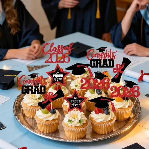 Miniatura 4 de 48 adornos para cupcakes de graduación, 6 estilos con purpurina, decoraciones de graduación en negro y rojo 2026, tapas y palillos para pasteles