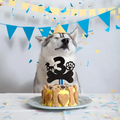 Miniatura 5 de 1 pieza de decoración para pastel de tercer cumpleaños con purpurina negra con pata de perro de tres años de edad, cachorro de perro, hueso de hueso