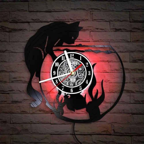 Miniatura 3 de The Geeky Days Reloj de pared con iluminación LED de gato negro con pecera, lámpara de noche para guardería, habitación de niños, gatito juguetón