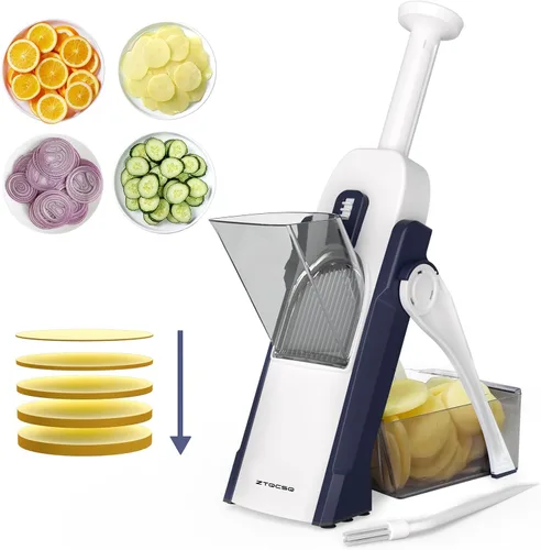 Miniatura 8 de Cortadora de mandolina segura para cocina, preparación de comidas, rebanadora de papas, ajustable/fácil de limpiar/almacenar, artefacto de corte