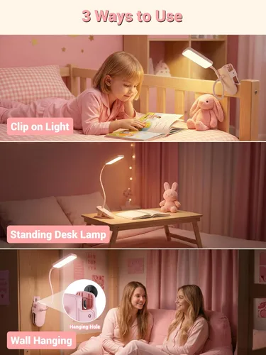 Miniatura 7 de Lámpara de escritorio rosa linda luz de lectura, 45 modos de luz regulable con clip con batería de 4000 mAh, lámpara de escritorio recargable de 450