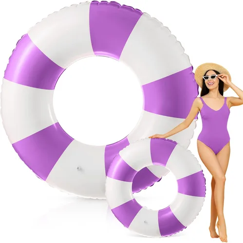 Miniatura 24 de Foilswirl Flotadores inflables jumbo de 47.24 pulgadas para piscina, anillos de piscina a rayas azules y blancas, tubo inflable para mujeres