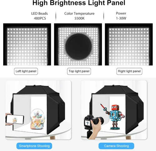 Miniatura 6 de Caja de Luz Portátil Glendan para Fotografía: Caja de Foto Profesional Ajustable de 16"x16" con Luces LED CRI 480 de Alta Calidad - Caja de Luz