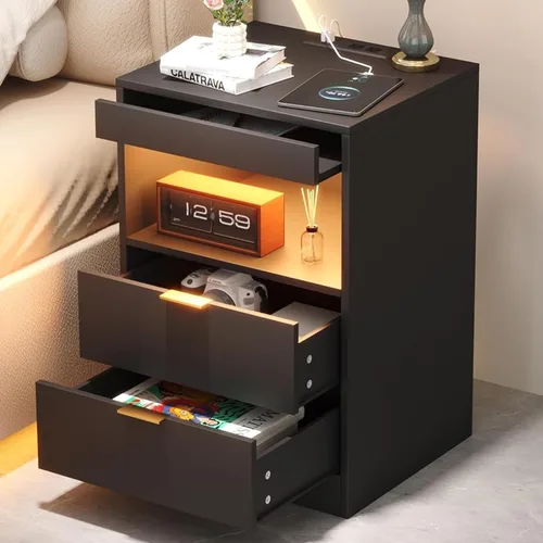 Yusong Mesita de Noche, Mesa de Noche, Mesita LED con Estación de Carga, Mesita Moderna, Mesa de Sofá de Madera con 2 Estantes Deslizantes (Negro)