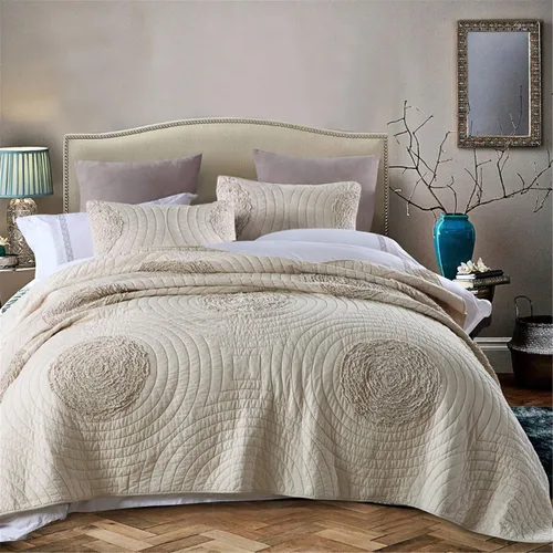 ABREEZE Juego de edredón tamaño Queen, 100% algodón, color beige, con patrón floral 3D, edredones y colchas de estilo moderno con 2 fundas de