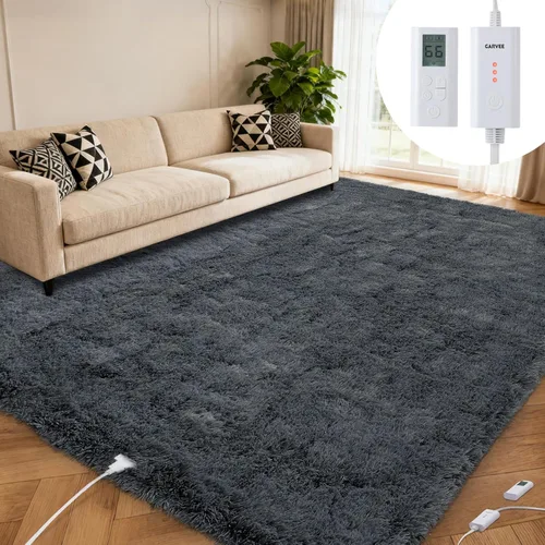 Alfombra Eléctrica Calefactora de 8x10 pies, Alfombra de Calefacción de Felpa Suave para Suelo, Alfombra Gaming con Controlador Inalámbrico y Gris