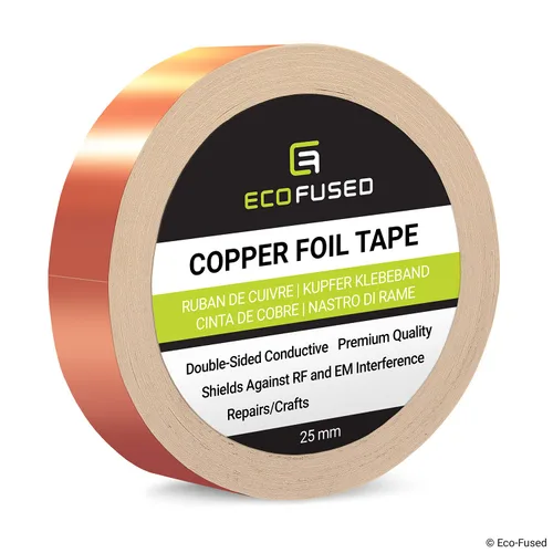 Eco-Fused Cinta adhesiva de lámina de cobre, conductora de doble cara, 1 pulgada (0.984 in) x 21.8 yardas (65.6 ft), blindaje EMI y RF, circuitos de