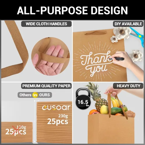 Miniatura 3 de EUSOAR Bolsas de compras y mercancías, tamaño mediano, 25 piezas de 7.8 x 3.9 x 11 pulgadas, bolsas de regalo reciclables de papel kraft marrón