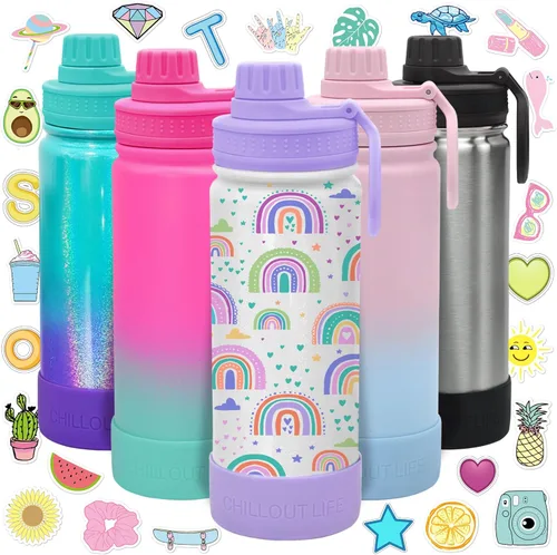 Miniatura 30 de CHILLOUT LIFE Botella de agua aislada para niños de 12 onzas para la escuela con tapa de boquilla a prueba de fugas y bonitas calcomanías Azul
