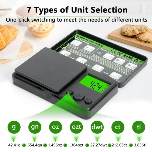 Miniatura 2 de Básculas digitales de bolsillo de 0.01/35.27 oz, básculas portátiles de precisión de gramos con 7 unidades y función de tara, básculas de cocina