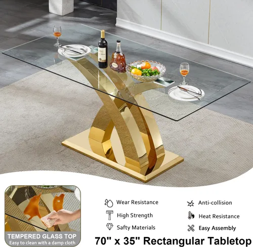 Miniatura 5 de Mesa de comedor de cristal para 6-8 personas, mesa rectangular de comedor de cocina de 70 pulgadas con tapa de vidrio templado y base de acero