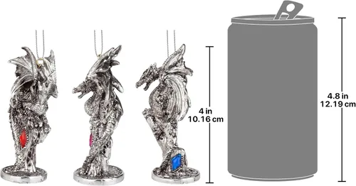 Miniatura 7 de Design Toscano - Juego de adornos de 3 dragones de Amesbury montados en piedras preciosas, color plateado, Navidad