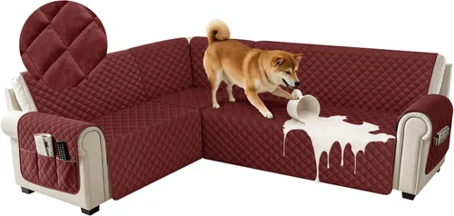 Miniatura 13 de Fundas impermeables para sofá seccional de esquina en forma de L, de terciopelo, juego de 6 piezas, funda en forma de U para sofá, para perros