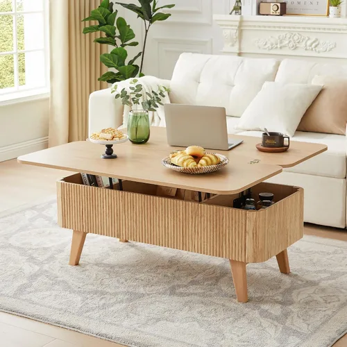 Miniatura 13 de Mesa de centro con parte superior acanalada totalmente montada con compartimento oculto, mesa central de madera, moderna mesa de elevación ovalada