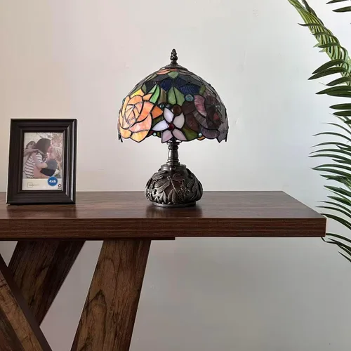 Miniatura 6 de Tiffany - Lámpara de mesa con diseño de flores, color rojo, naranja y azul, incluye base de libélula para sala de estar, dormitorio, mesita