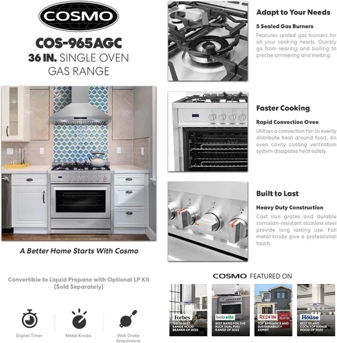 Miniatura 3 de Gama de gas COSMO COS-965AGC de 36 pulgadas con parrilla de 5 quemadores, horno de convección rápida de 3.8 pies cúbicos con cinco funciones