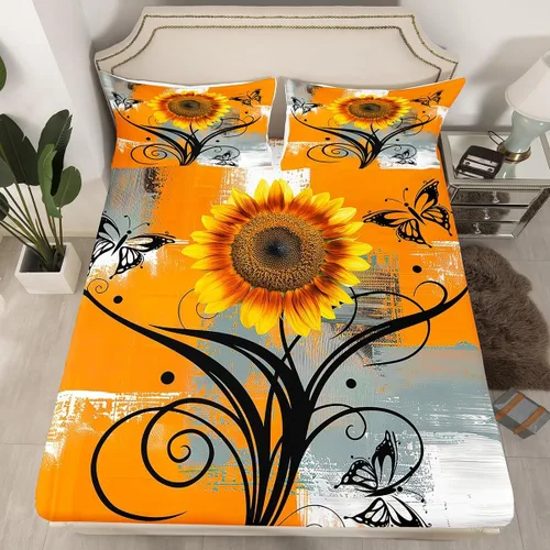 Miniatura 9 de Erosebridal Juego de ropa de cama rústica de tamaño individual, diseño de mariposa y girasol, para niños, adolescentes, adultos, retro, grunge