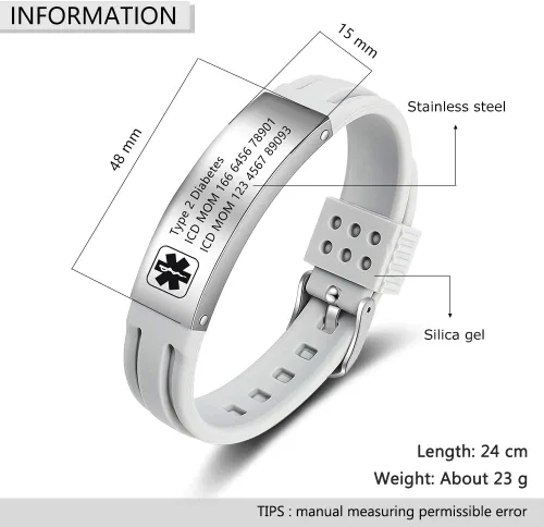 Miniatura 115 de OPALSTOCK Pulseras médicas personalizadas de silicona ajustable para identificación de emergencias, grabado gratuito, 9 pulgadas, resistente al