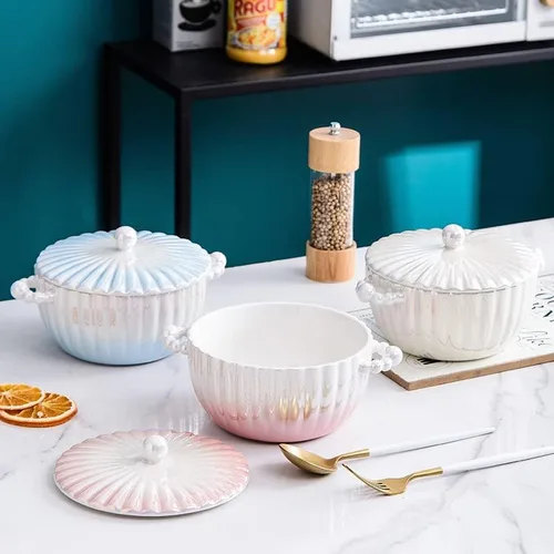 Miniatura 3 de Creamic - Tazón de yogur con tapa, 33 onzas, moderno, degradado, ligero, fiesta de lujo para ensaladas y frutas, vajilla de cocina, color rosa