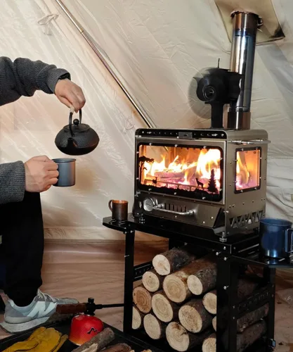 Miniatura 9 de TOMOUNT Estufa de tienda caliente,Estufa de leña con base de marco,con 7 tubos de chimenea,Acero inoxidable 304 con ventana de vidrio resistente al