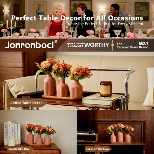 Miniatura 7 de 3 piezas de rosas de seda artificiales con jarrón y bandeja - Arreglo de plantas florales de imitación, flores falsas de otoño en jarrón decoración