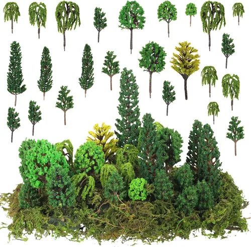 Tigeen 28 piezas de árboles modelo mixto con 1.4 onzas de musgo verde sintético, decoración de tren de árbol, arquitectura de paisaje para