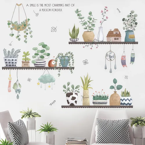 Miniatura 4 de Calcomanías de pared en maceta con plantas verdes frescas, hojas de sacinora para jardín, calcomanías de pared extraíbles de vinilo para despegar