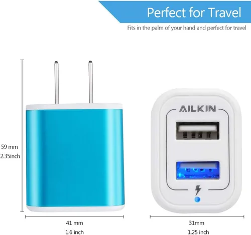 Miniatura 2 de Cargador de pared con enchufe USB, bloque de carga, paquete de 2 unidades AILKIN 2.1A de carga rápida, adaptador de corriente de doble puerto, caja