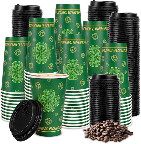 JarThenaAMCS Tazas de café desechables del día de San Patricio con tapas, 16 onzas, trébol de la suerte, tazas de café para llevar, taza de café