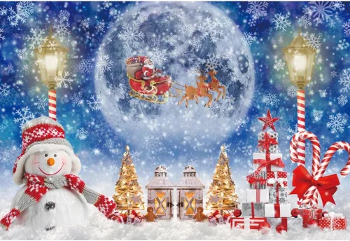 Telón de fondo de Navidad de 10 x 8 pies para sesión de fotos, muñeco de nieve de invierno, luna llena, noche de Papá Noel, fondo de Papá Noel para