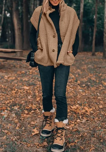 Miniatura 67 de Hongqizo - Chaleco de forro polar mullido para mujer, casual, de gran tamaño, cálido, con botones, chaqueta de sherpa con bolsillos
