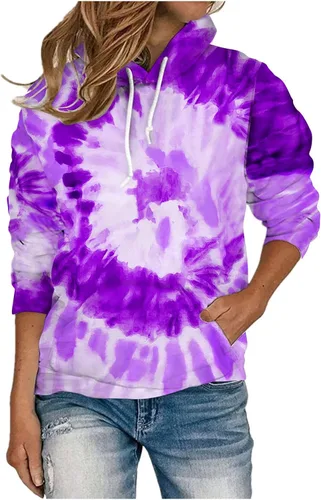 Women Casual Long Sleeve Hooded Sweatshirts Tye Dye 2023 Fall Lightweight Vintage Drawstring Hoodies Pullover Tops