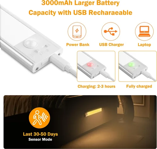 Miniatura 6 de miadore Luz de gabinete con sensor de movimiento, paquete de 2 luces LED inalámbricas recargables por USB para debajo del gabinete, armario