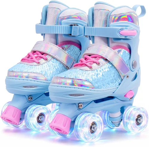 Miniatura 10 de Nattork Patines de ruedas para niños y niñas, 4 tamaños ajustables, patines cuádruples con lentejuelas y todas las ruedas iluminadas para niños
