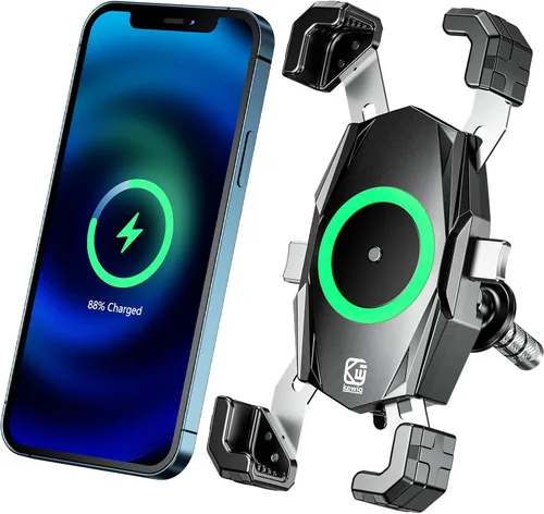 Kewig - Soporte de teléfono para horquilla de motocicleta con cargador inalámbrico y USB-C | Qi 15W & USB C 20W Fast Charging Port, One-Push