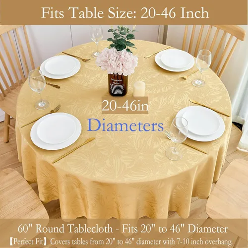 Miniatura 2 de Mantel redondo de tela de 60 pulgadas, mantel con diseño de hojas, borde festoneado, mantel sedoso, impermeable, resistente a las arrugas, lavable