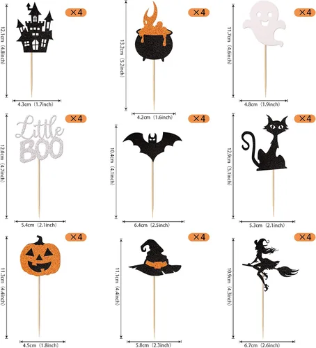 Miniatura 3 de Rsstarxi Paquete de 36 adornos para cupcakes de Halloween, murciélagos con purpurina, palitos de calabaza y calabazas, sombrero de bruja