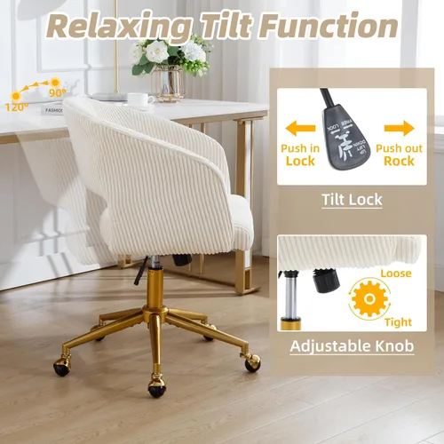 Miniatura 6 de Silla de escritorio ABET con ruedas, silla de oficina de corduroy, silla giratoria con base dorada, sillas acentuadas modernas tapizadas, respaldo
