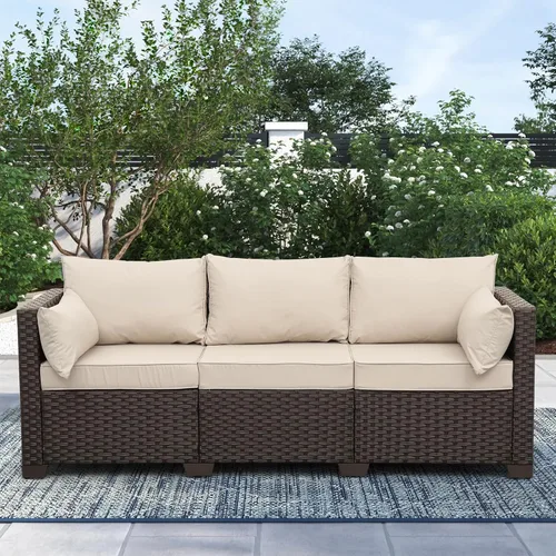 Miniatura 4 de Rattan Star Muebles de exterior, sofá de 3 plazas, sofá de mimbre marrón para exteriores, asiento profundo, respaldo alto, sofá de patio con cojines