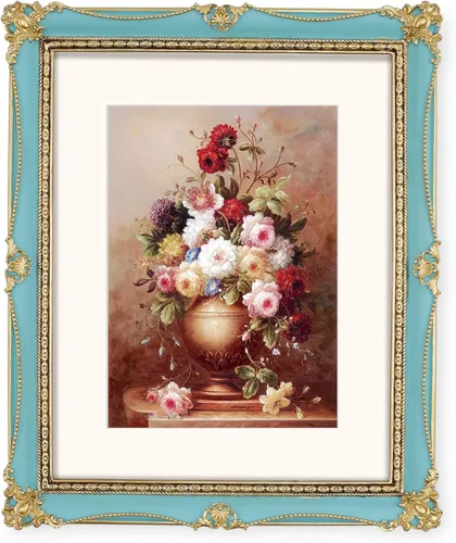 Miniatura 8 de Marco de fotos vintage de 5 x 7 pulgadas para pared de galería y mesa, marcos de fotos de estilo antiguo en azul pintado a mano con detalles