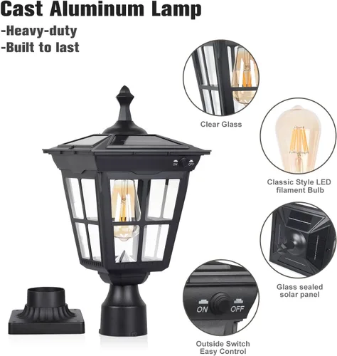 Miniatura 4 de Lámpara solar de poste de luz de aluminio fundido, impermeable, luces de pilar LED con vidrio para exteriores del atardecer al amanecer, luz solar
