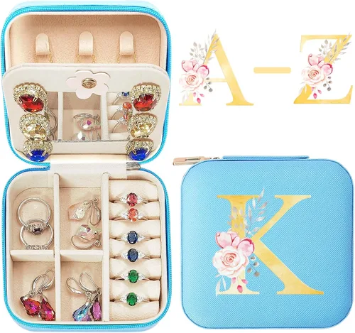 Joyero pequeño de viaje con espejo para amigas y hermanas, artículos esenciales de viaje, joyero con inicial, organizador de joyas, regalos de boda,