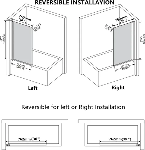 Miniatura 5 de Puerta de ducha con columpio para bañera, 30 pulgadas de ancho x 55 pulgadas de alto, puerta de baño con sello inferior, puerta de vidrio plegable