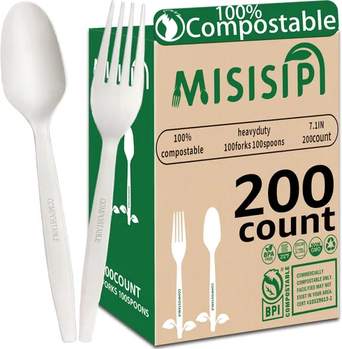 Miniatura 11 de MISISIPI [7.1 pulgadas, 100 piezas] Tenedores y cucharas 100% compostables, tenedores y cucharas biodegradables, resistentes, sin plástico, tenedor
