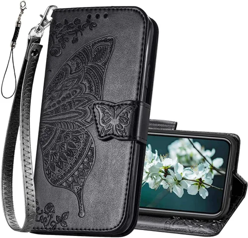 Funda tipo cartera para iPhone 12 Pro/iPhone 12, funda con tapa para mujer con diseño de mariposa en relieve de piel sintética, soporte para