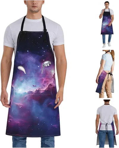 Miniatura 7 de Delantales de galaxia púrpura y azul para mujer con 2 bolsillos, delantal de cocina para hombres, resistente al agua y al aceite, delantal ajustable